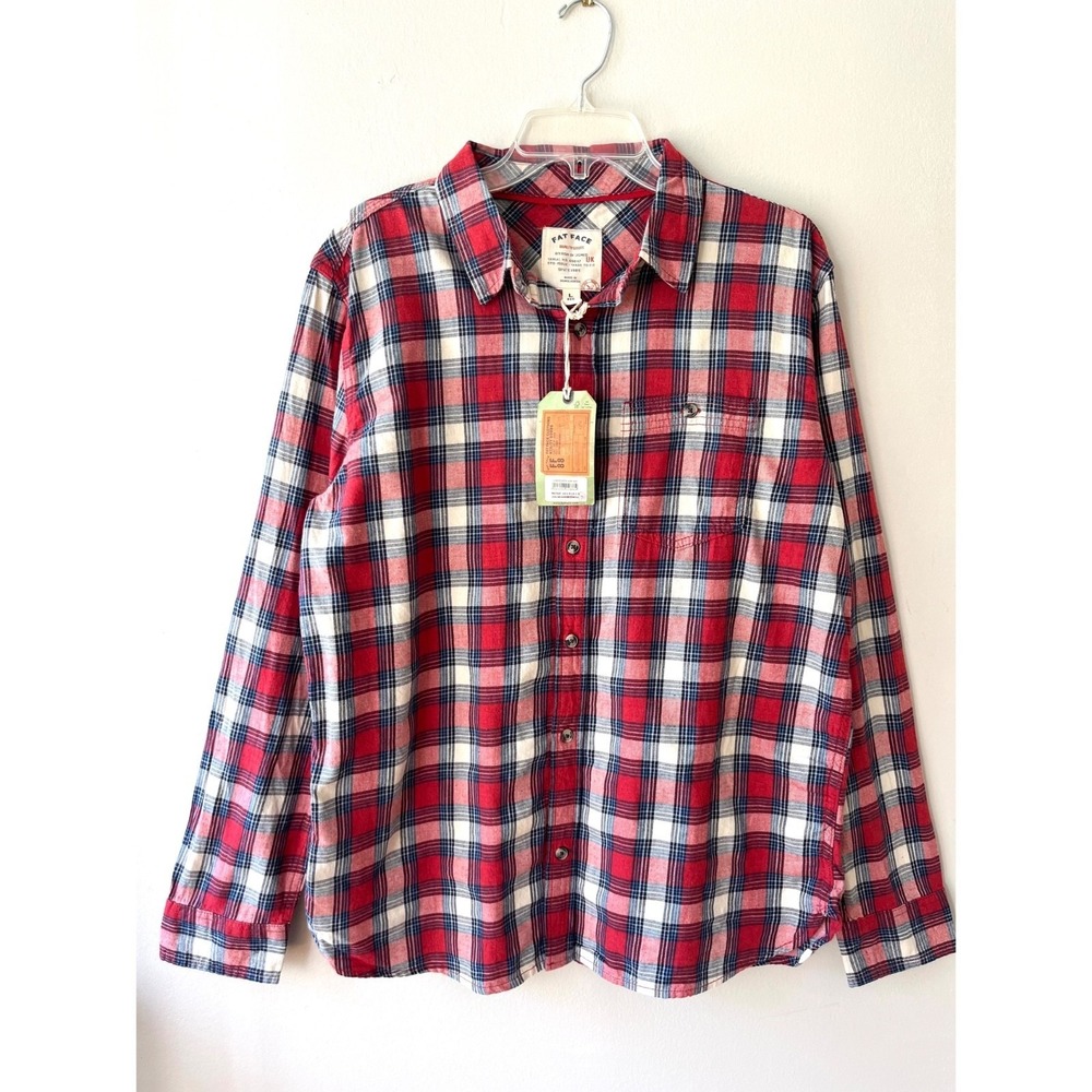 Fat Face Sz L Red Blue Plaid Long Sleeve Pockets Cotton Shirt Top Button Down
